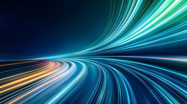 The image shows an abstract depiction of light streaks in various hues of blue, turquoise, green, and gold, creating an illusion of speed and converging lines.