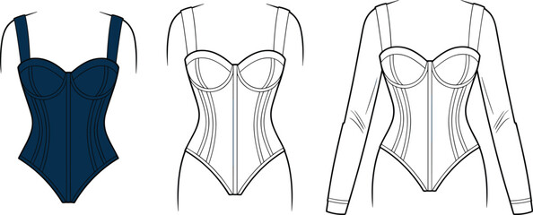 Corset top design, fashion illustration, structured bodice, sweetheart neckline, technical drawing, apparel vector, garment mockup, fashion flat, sleeveless version, long sleeve variation,