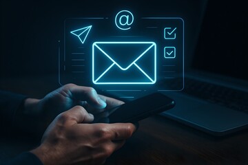 Hands Holding Smartphone with Glowing Holographic Email Interface Featuring Neon Blue Symbols, Laptop in Background