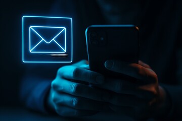 Hands Holding Smartphone with Glowing Neon Blue Email Icon Against Dark Futuristic Digital Background