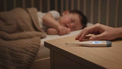 Parent checking thermometer beside sleeping baby in cozy nursery