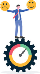 Businessman emerging from performance level indicator holding happy and sad emoticons illustrating
