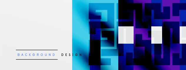 Abstract geometric pattern. Blue gradients blend into purple squares. Minimalist design with text elements present. Modern aesthetic.