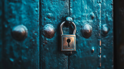 Close-up of an antique lock on a weathered wooden door with a turquoise finish suggesting a rich history beneath its surface