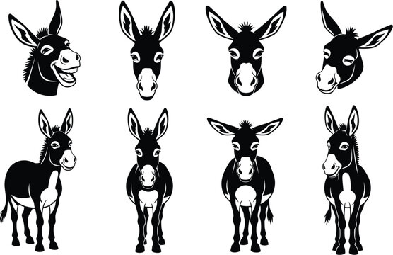 Black and white donkey vector illustration set farm animals