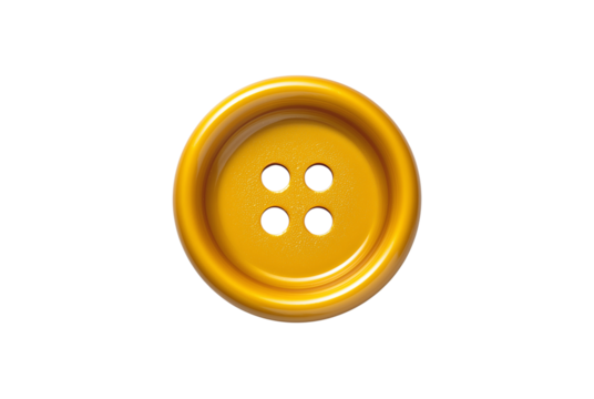 Single yellow four hole button isolated on transparent background