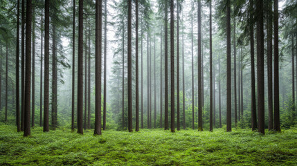 Fototapeta premium Dense fog envelops tall trees in serene woodland, creating tranquil atmosphere