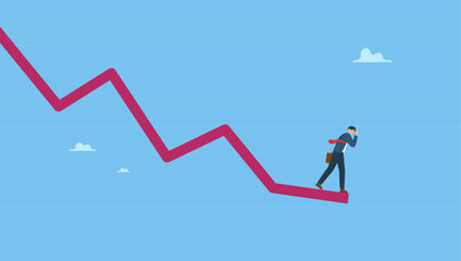 Businessman investor standing on falling down red graph look for bottom. Economic recession, stock market plunge or falling down, cryptocurrency crash or financial crisis from inflation.