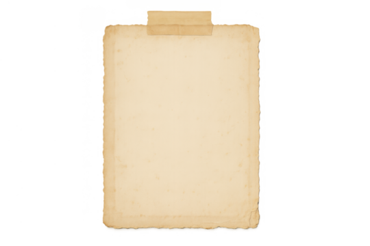 Old paper sheet texture with blank space, vintage parchment background on transparent grid