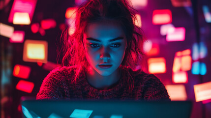 Person working on laptop immersed in vibrant, colorful ambient lighting in a creative workspace at night
