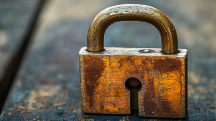 Close-up view of an old rusty padlock resting on a wooden surface under natural light