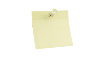 Blank yellow sticky note with a pushpin on a transparent background.