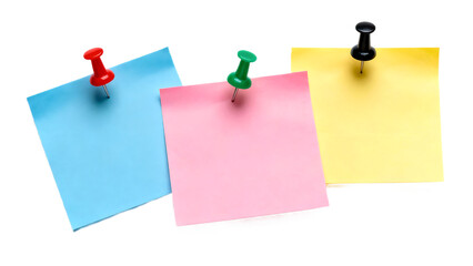 Colorful three sticky notes and yellow memo papers on a transparent background with pushpins and reminders