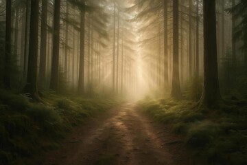Naklejka premium A cinematic image of a forest path shrouded in morning mist with sunlight streaming through tall pine trees. The atmosphere feels mysterious yet peaceful, showcasing the natural beauty.