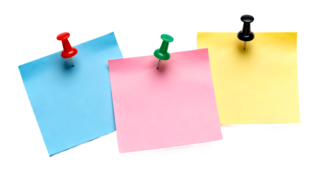 Colorful three sticky notes and yellow memo papers on a transparent background with pushpins and reminders