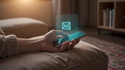 Hand Holding Smartphone with Glowing Blue Email Icon in Cozy Living Room with Soft Ambient Lighting