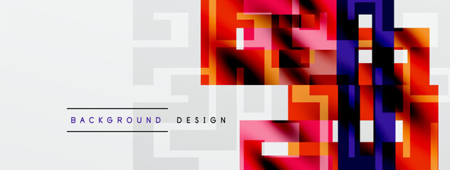 Abstract geometric pattern. Vibrant squares overlap gray lines. Modern design suggests digital art, texture, color gradients.