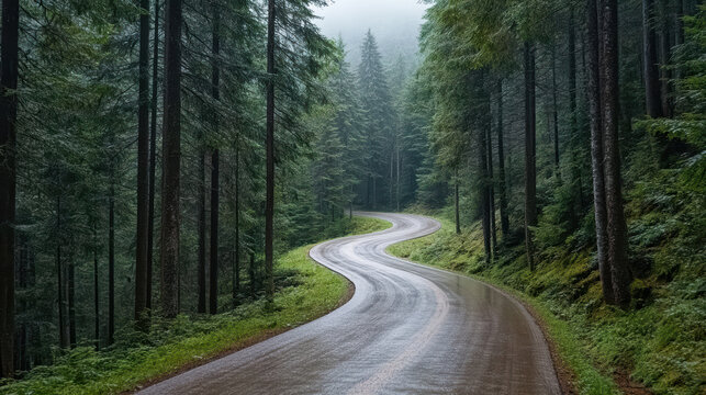 Curving forest road surrounded by tall trees and misty atmosphere evokes serene feeling