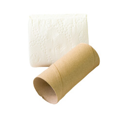 Tissue paper roll or toilet paper roll with core or tissue paper tube in stack isolated with clipping path in png file format
