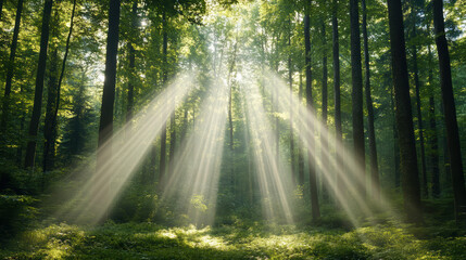 Obraz premium Sunlight rays cross through mist in magical forest, creating enchanting atmosphere
