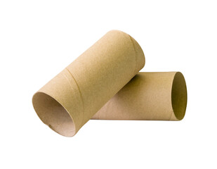 Side view of two tissue paper cores or toilet paper tubes in stack isolated on white background with clipping path