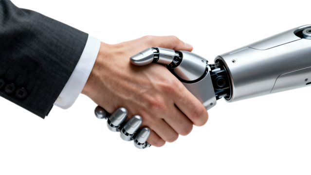 Human and Robot Handshake Symbolizing Future Collaboration and Artificial Intelligence.