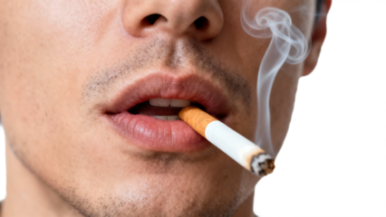 Close-up of a person smoking a cigarette with smoke rising.