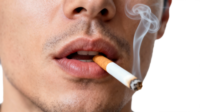 Close-up of a person smoking a cigarette with smoke rising.