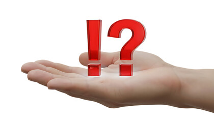 Hand holding red question and exclamation marks.