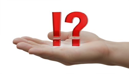 Hand holding red question and exclamation marks.
