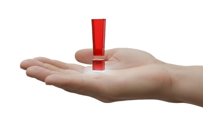 Hand holding a red exclamation mark symbol representing warning.