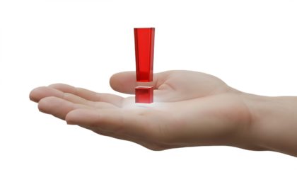 Hand holding a red exclamation mark symbol representing warning.