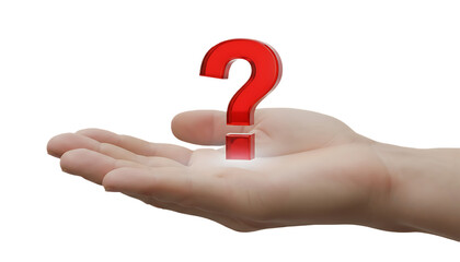 Hand holding a red question mark symbol in the palm.