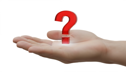 Hand holding a red question mark symbol in the palm.