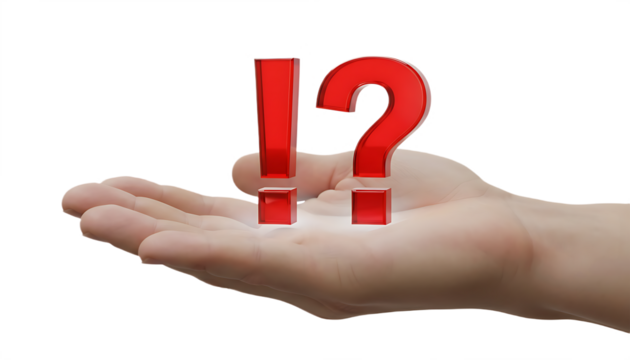 Hand holding red question and exclamation marks.