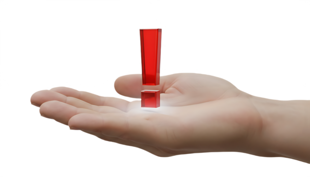 Hand holding a red exclamation mark symbol representing warning.