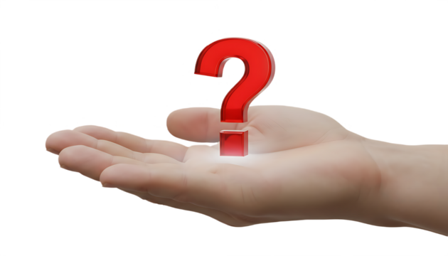 Hand holding a red question mark symbol in the palm.