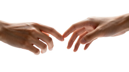 Two hands reaching towards each other with fingertips touching.