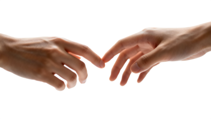 Two hands reaching towards each other with fingertips touching.