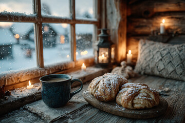 Early morning St. Lucia Day breakfast scene in a cozy Nordic cabin. Candles flickering on the windowsill, saffron buns and coffee on a wooden table, snow outside the frosted window. 