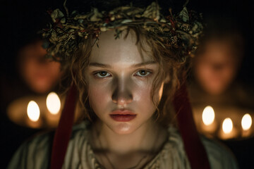 Close-up portrait of Lucia girl wearing a crown of real candles, white gown with red sash, and calm expression.