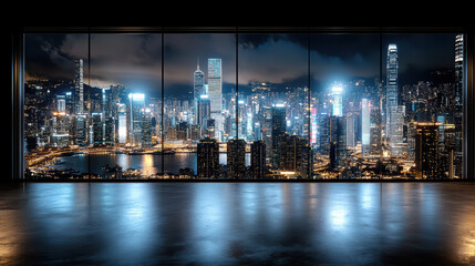 Futuristic city skyline with glowing neon reflections, showcasing vibrant urban landscape night