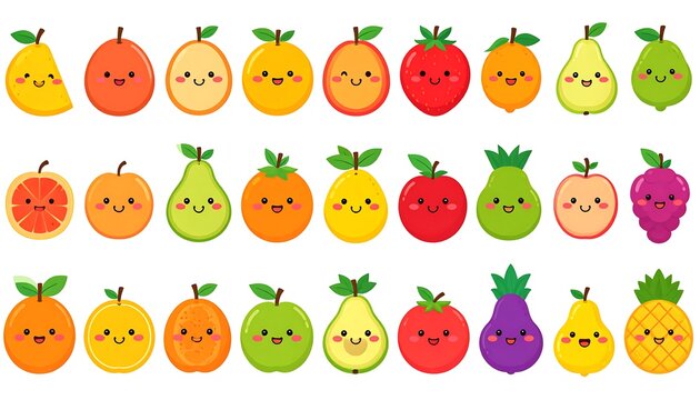 Rows of cute, cartoon fruit characters with smiling faces in various colors, shapes, and textures on a white background