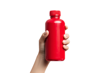 Hand holding a red bottle isolated on transparent background