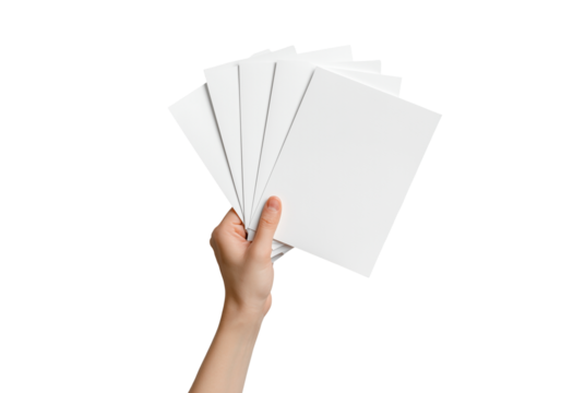 Hand holding a fan of blank white paper sheets isolated on transparent background