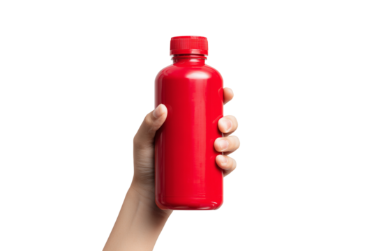 Hand holding a red bottle isolated on transparent background