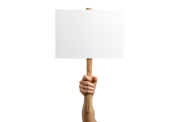 Hand holding blank protest sign isolated on transparent background