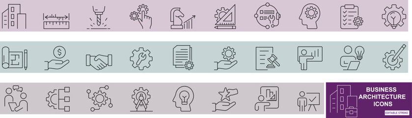  Business Architecture icon set featuring strategy, planning, governance, regulation, and innovation concepts. Editable line vector illustration for business structure and management design..