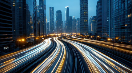 Fototapeta premium Futuristic cityscape with glowing skyscrapers and light trails from vehicles creates vibrant
