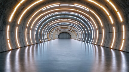 Fototapeta premium Futuristic tunnel with glowing lights and smooth floor creates captivating atmosphere